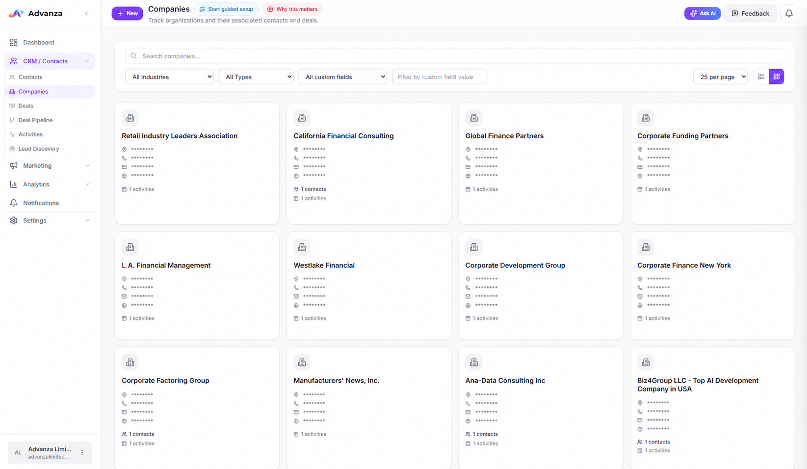 Advanza CRM companies workspace