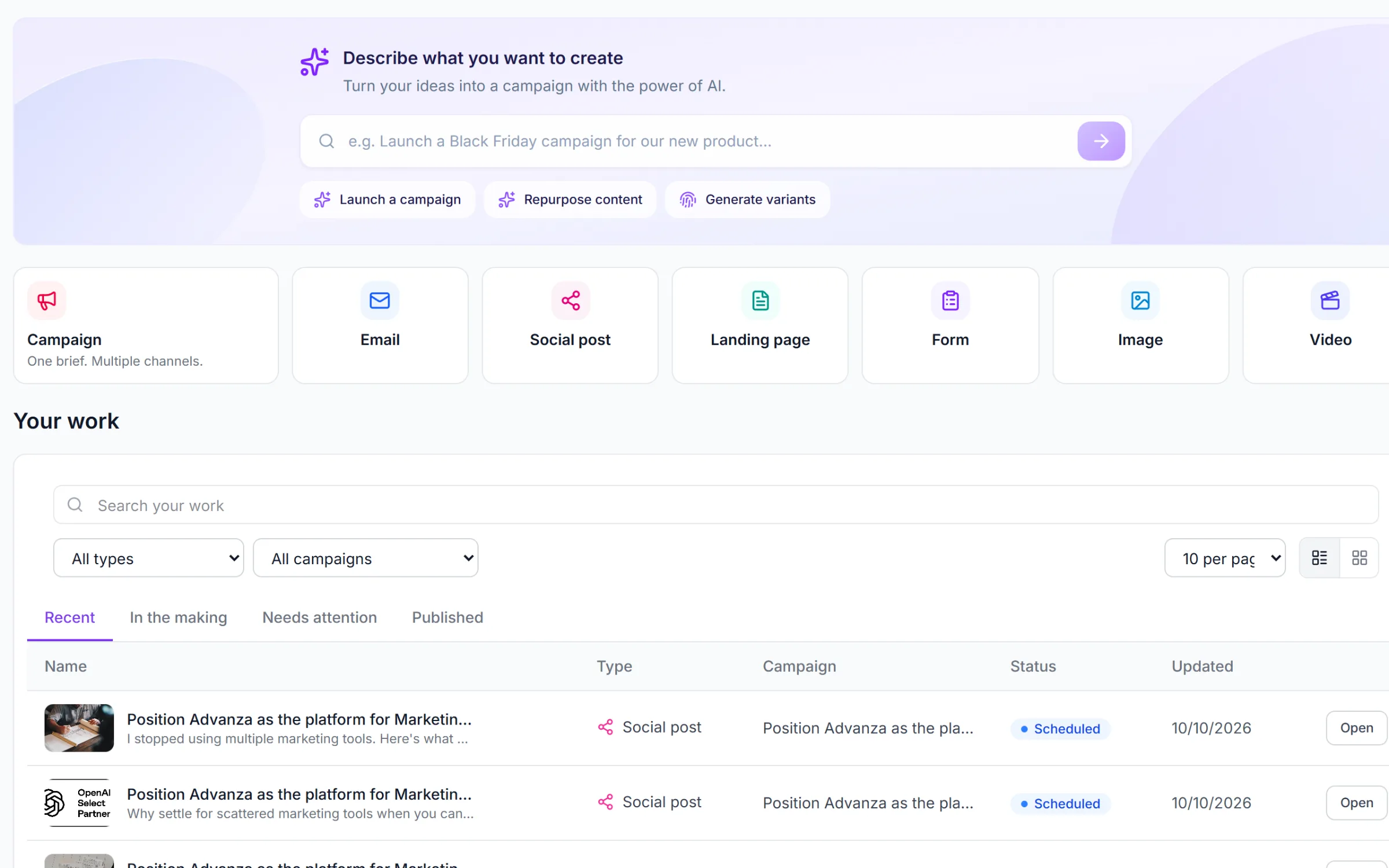Create page with an AI brief field and a list of drafted social posts