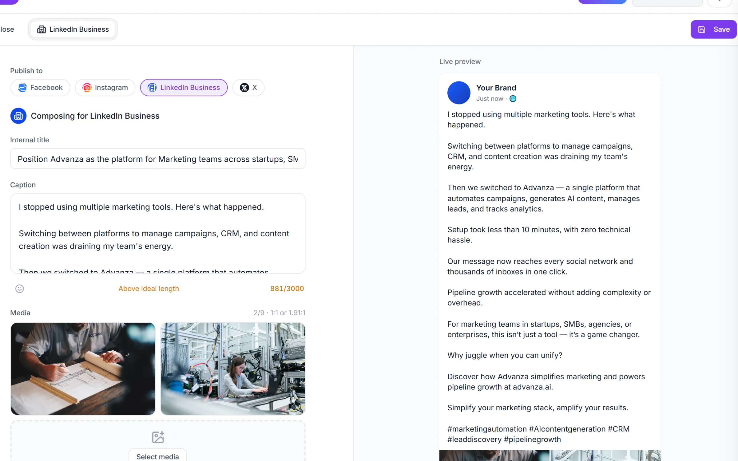 Social post composer for a LinkedIn company page with two photos and a live post preview