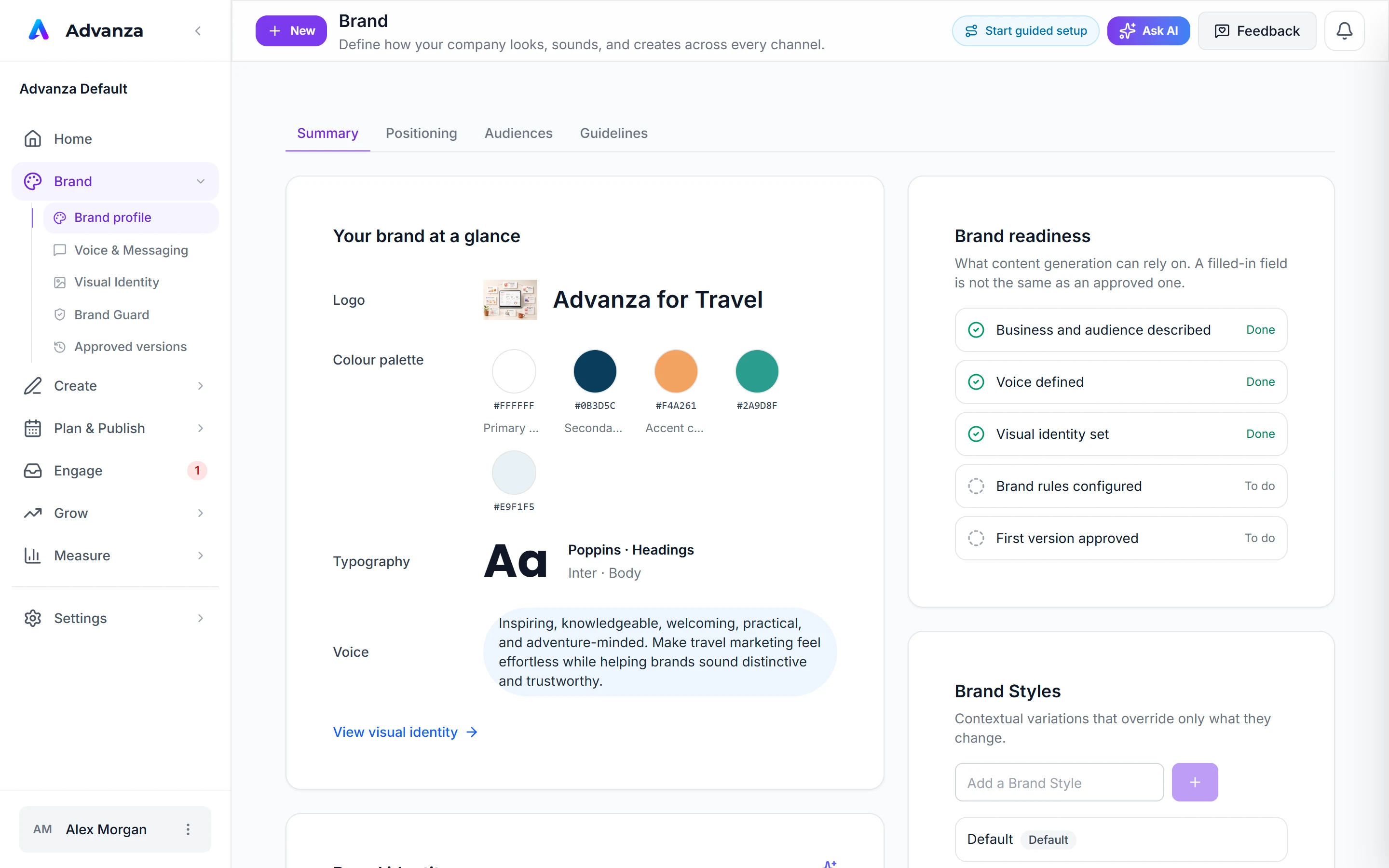 Brand profile in Advanza, showing logo, colour palette, typography, voice and brand readiness