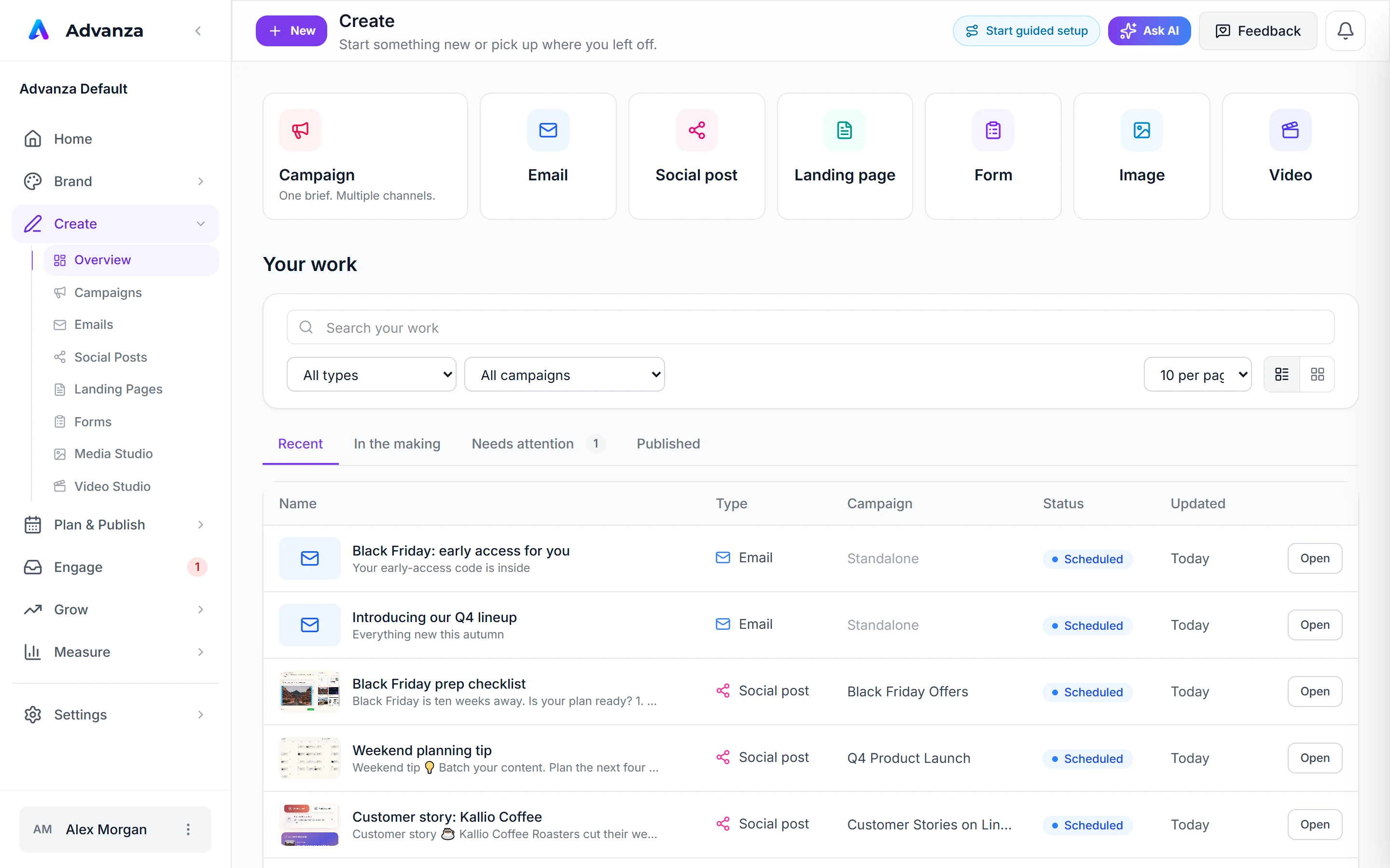 Vue d’ensemble Create dans Advanza avec les options campagne, e-mail, réseaux sociaux, landing page, formulaire, image et vidéo au-dessus des travaux récents